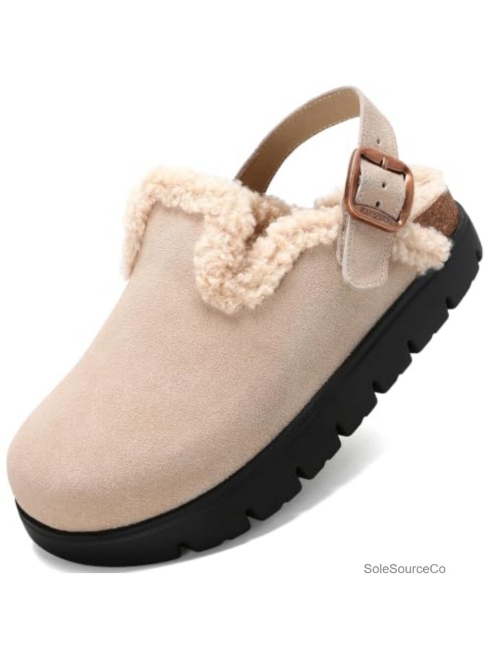 Platform Clogs Faux Fur Lined Suede Adjustable Cork Footbed